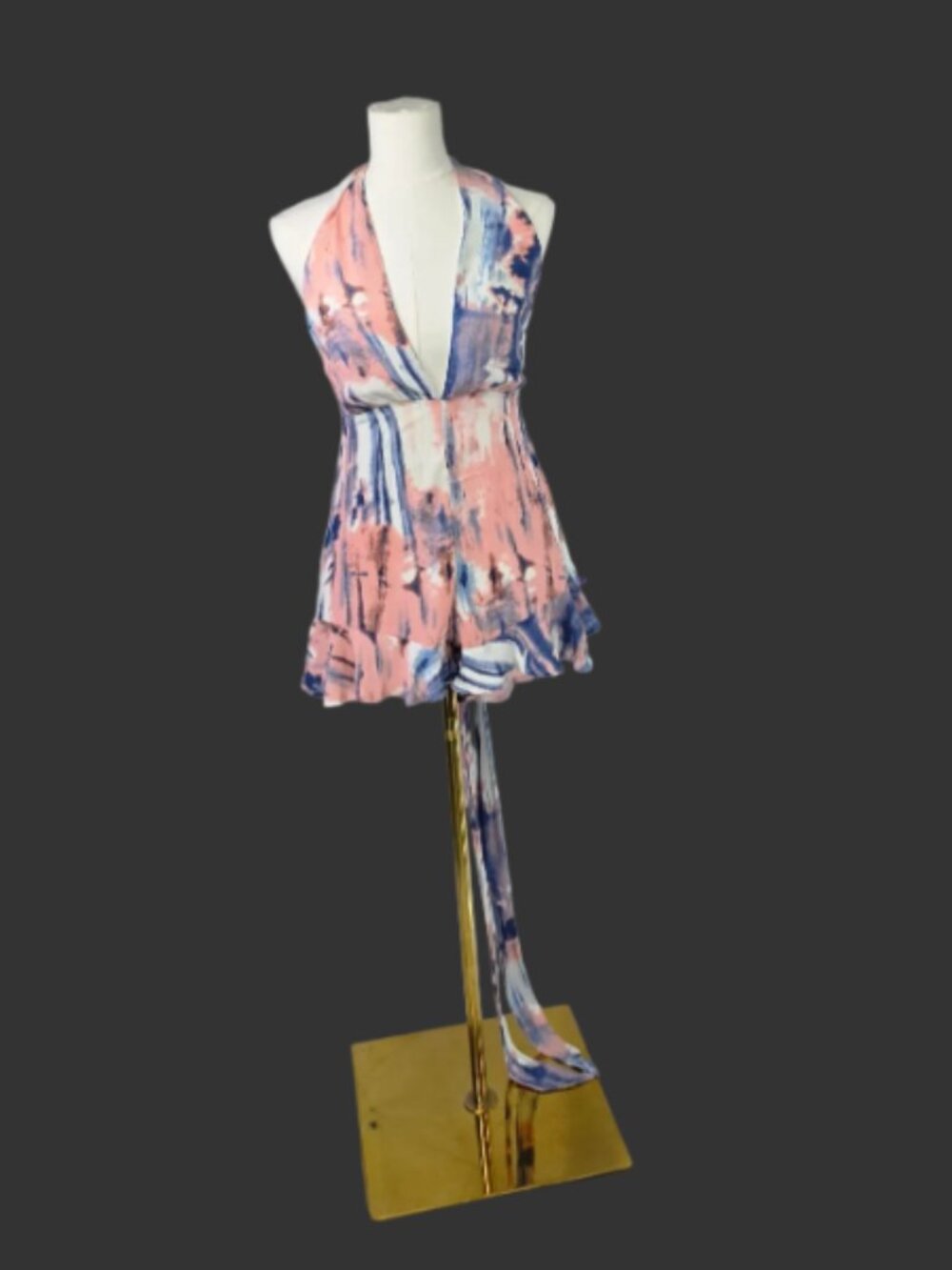 Hello Molly Size 4 Pink Blue Abstract Halter Tie Back Ruffle Romper